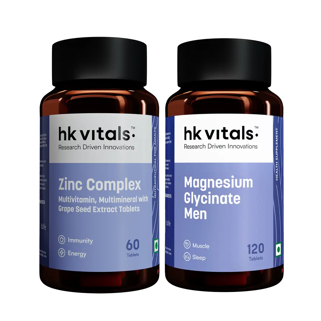 hk vitals Magnesium Glycinate (1682mg) 120 Tablets | For Better Sleep Quality & Muscle Recovery with Zinc Supplements (60 Tablets) - (Combo Pack)