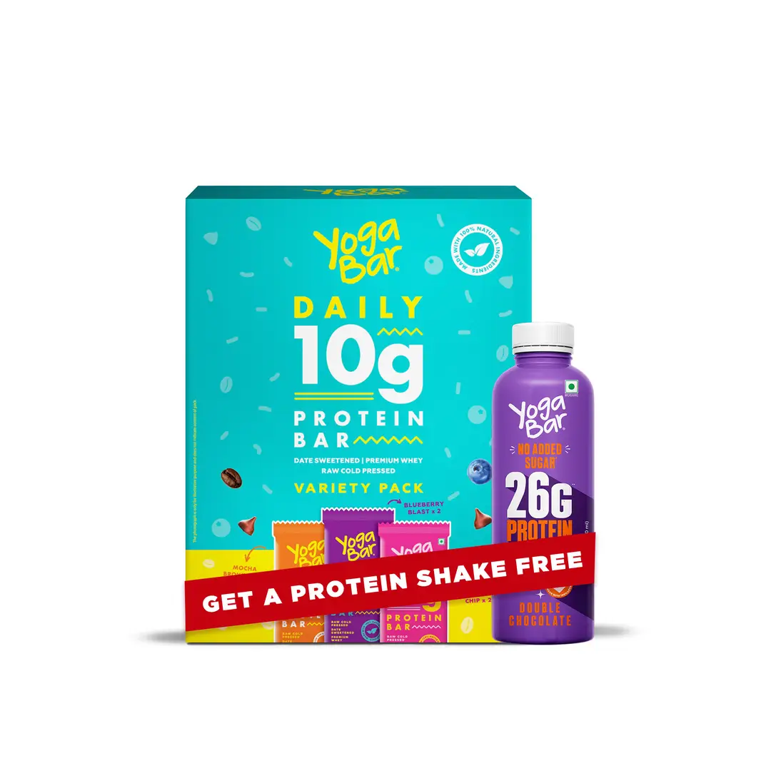 Yogabar Daily Protein Bar Variety Pack, 10g Protein with Free Cold Coffee Protein Shake - 250 ml - Combo Pack