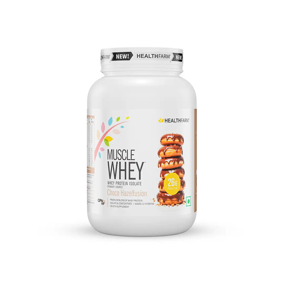 Healthfarm Muscle Whey Protein for Building Strength and Enabling Muscle Growth - Choco Hazel Fusion,907 gm