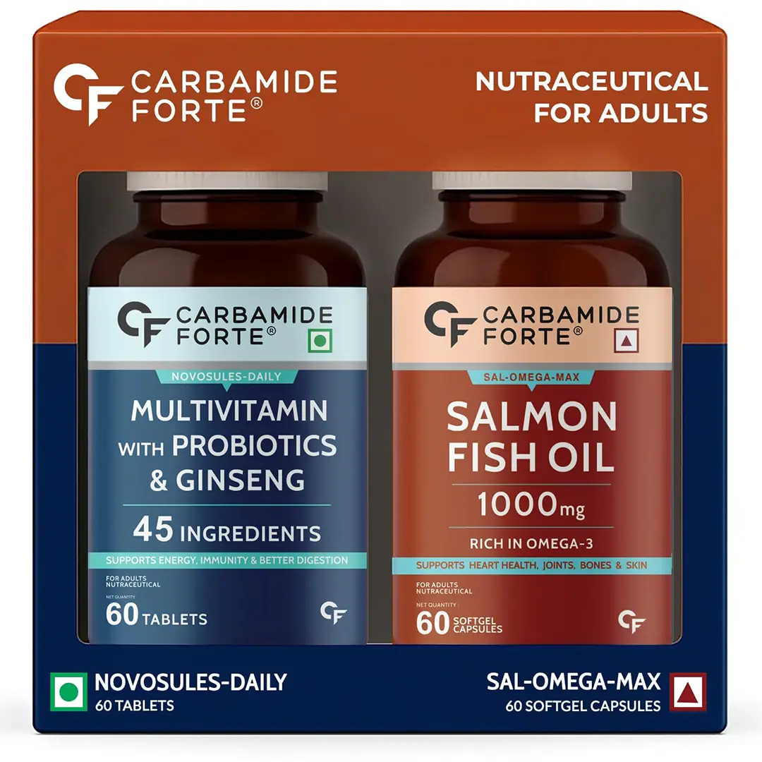Carbamide Forte Multivitamin Tablet for Men and Women with Probiotics & Omega 3 fish oil capsules | Daily Immunity, Heart, Brain & Joint Support | 60 Tablets + 60 Softgel Capsules - Combo Pack