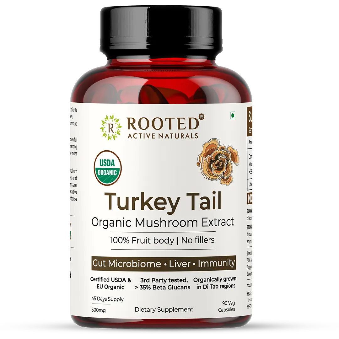Rooted Active Naturals Turkey Tail Mushroom Extract for Heart health and Stress Relief - Pack of 1 (90 Capsules)
