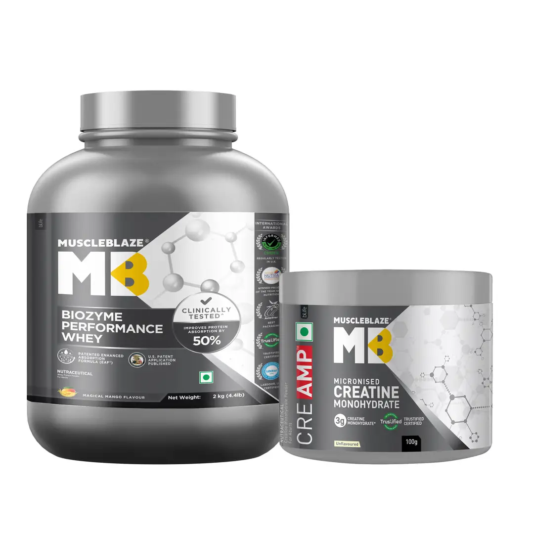 MuscleBlaze Biozyme Performance Whey Protein (Magical Mango,4.4 lb) and Creatine Monohydrate CreAMP™ (Unflavoured,100g) - Combo