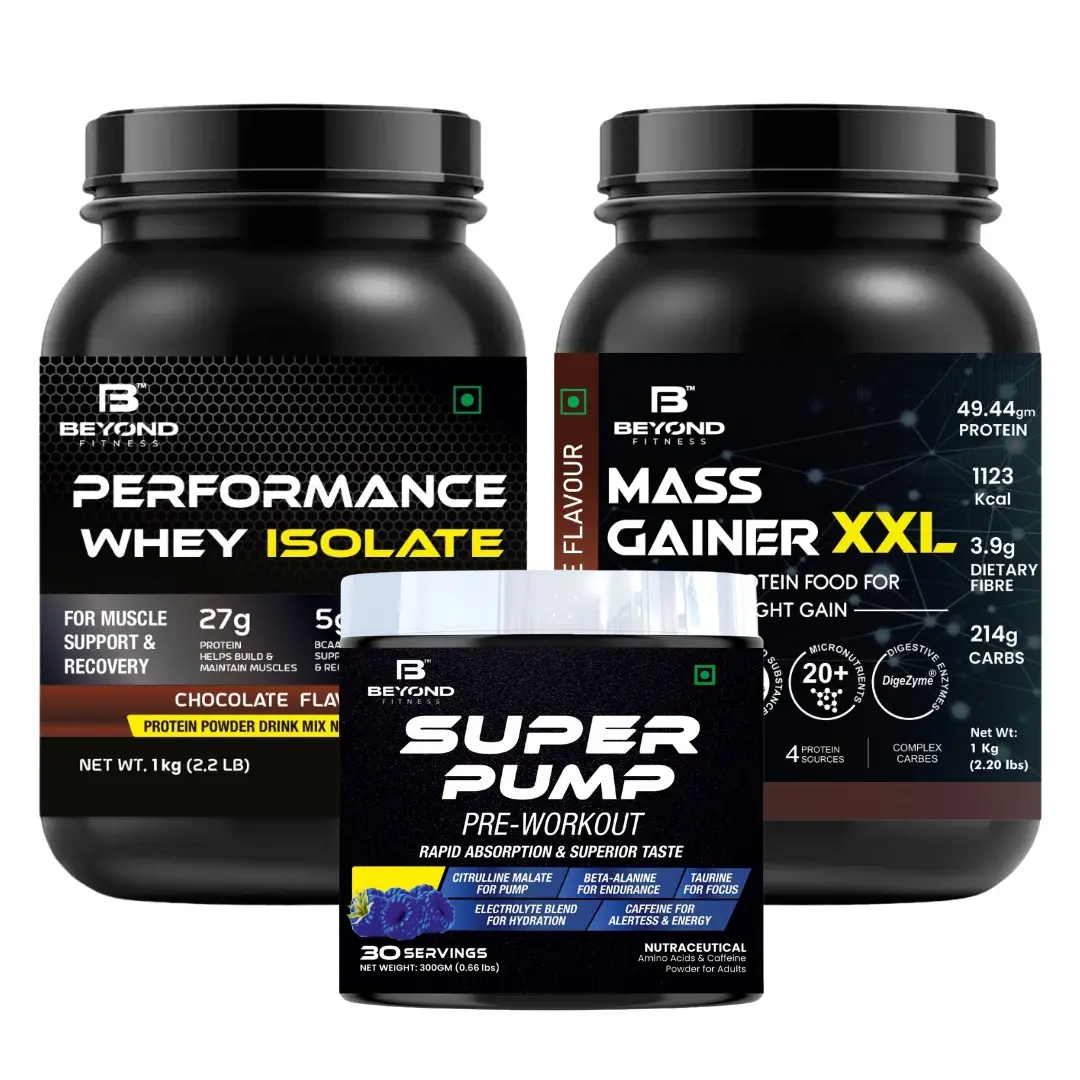 Beyond Fitness - Performance Whey Protein Powder + Mass Gainer XXL + Super Pump Pre Workout (Combo) - for Muscle Growth, Weight Management and Endurance. - (Combo Pack) Whey Protein Powder + Mass Gainer XXL + Pre Workout