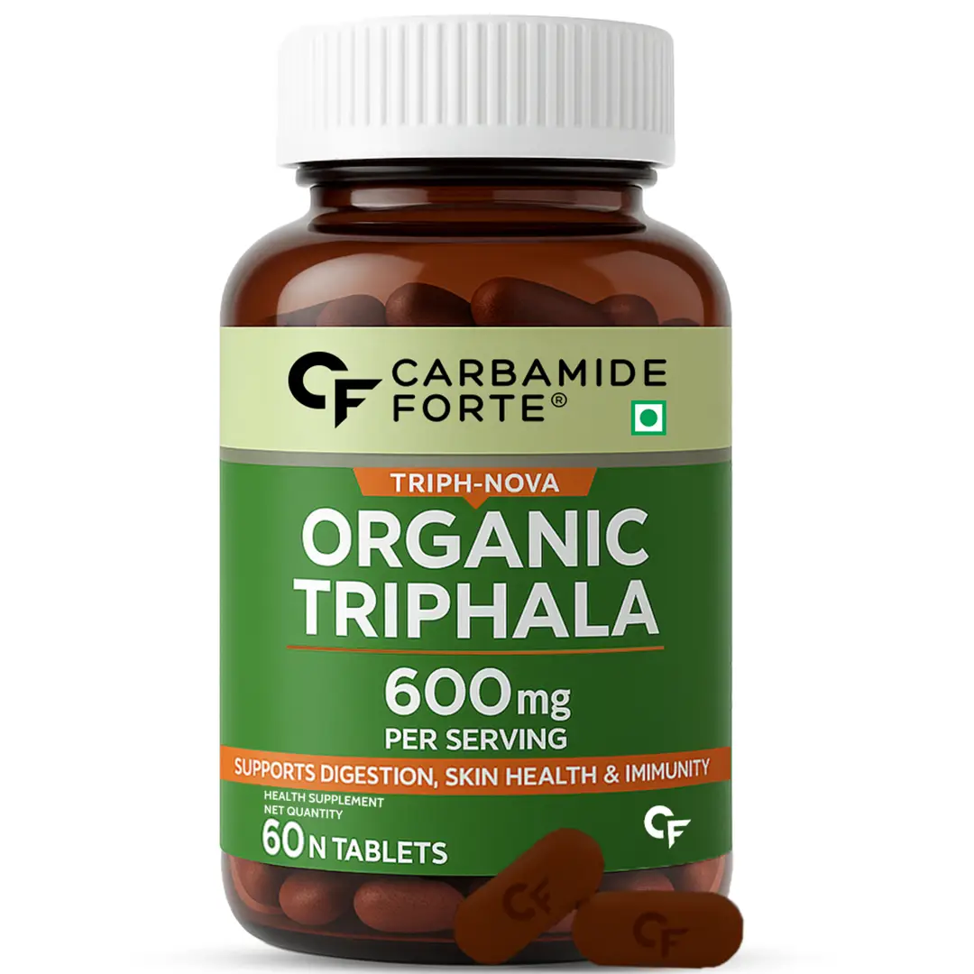 Carbamide Forte Triphala Tablets 100% Organic | Triphala Churna Tablets With Swarna Amalaki, Haritaki, and Bibhitaki | Triphala capsules for Eyes, Hair, Liver - Pack Of 1(60 Tablets)