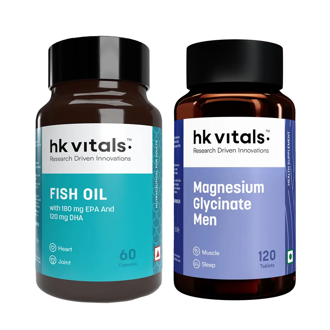 hk vitals Magnesium Glycinate (1682mg) 120 Tablets | For Better Sleep Quality & Muscle Recovery with Fish Oil (60 Capsules) - (Combo Pack)