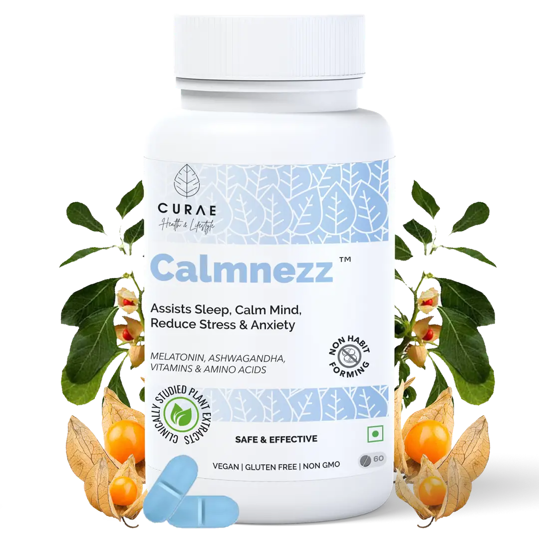 Curae Health: Calmnezz, Helps to Improve Sleep Quality, calms mind, Reduce Stress & Anxiety - Pack of 1 (60 Tablets)