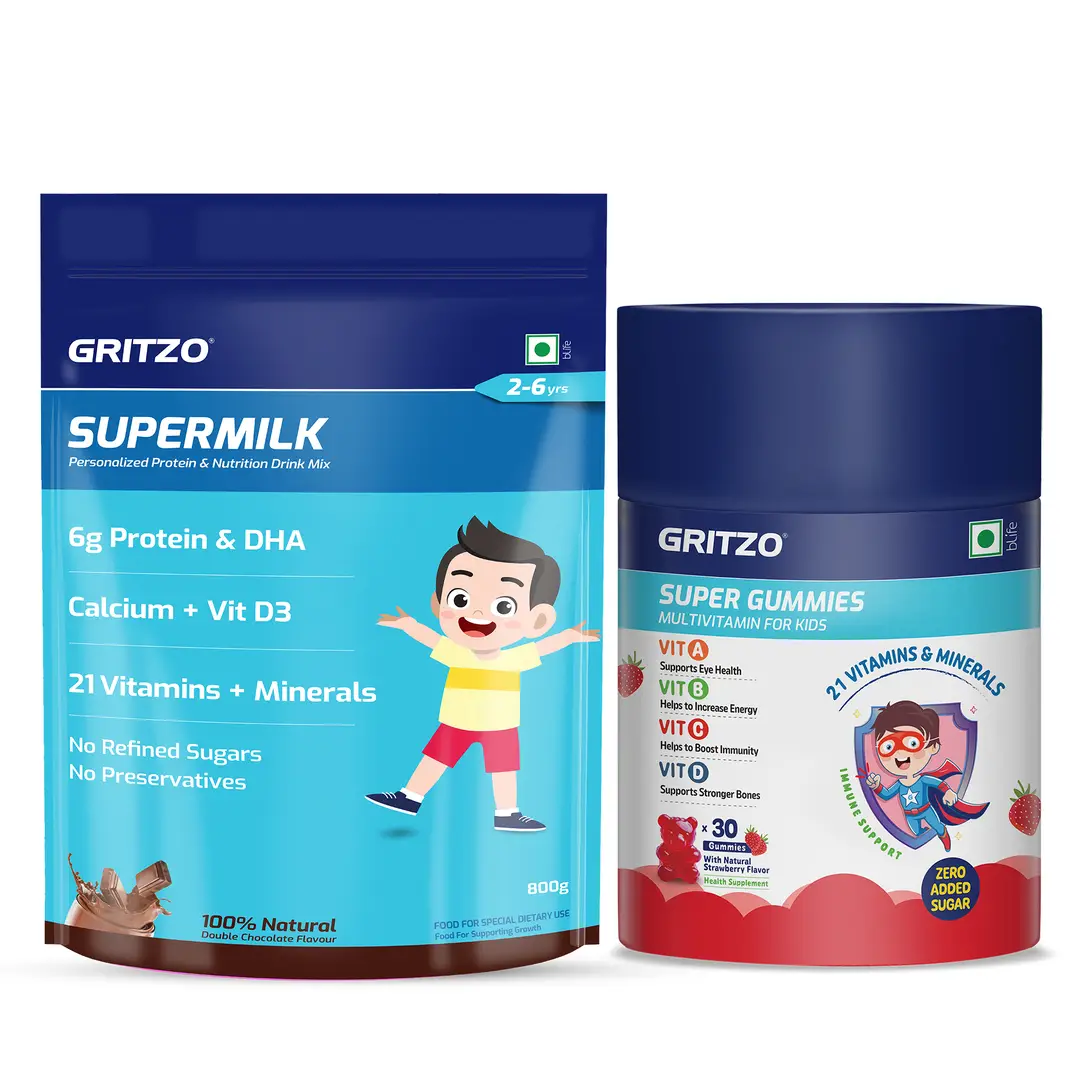 Gritzo SuperMilk Daily Nutrition, 2-6y Kids with Super Gummies (Double Chocolate, 1kg & Strawberry, 30 Gummies) - Strawberry, 30 Gummies