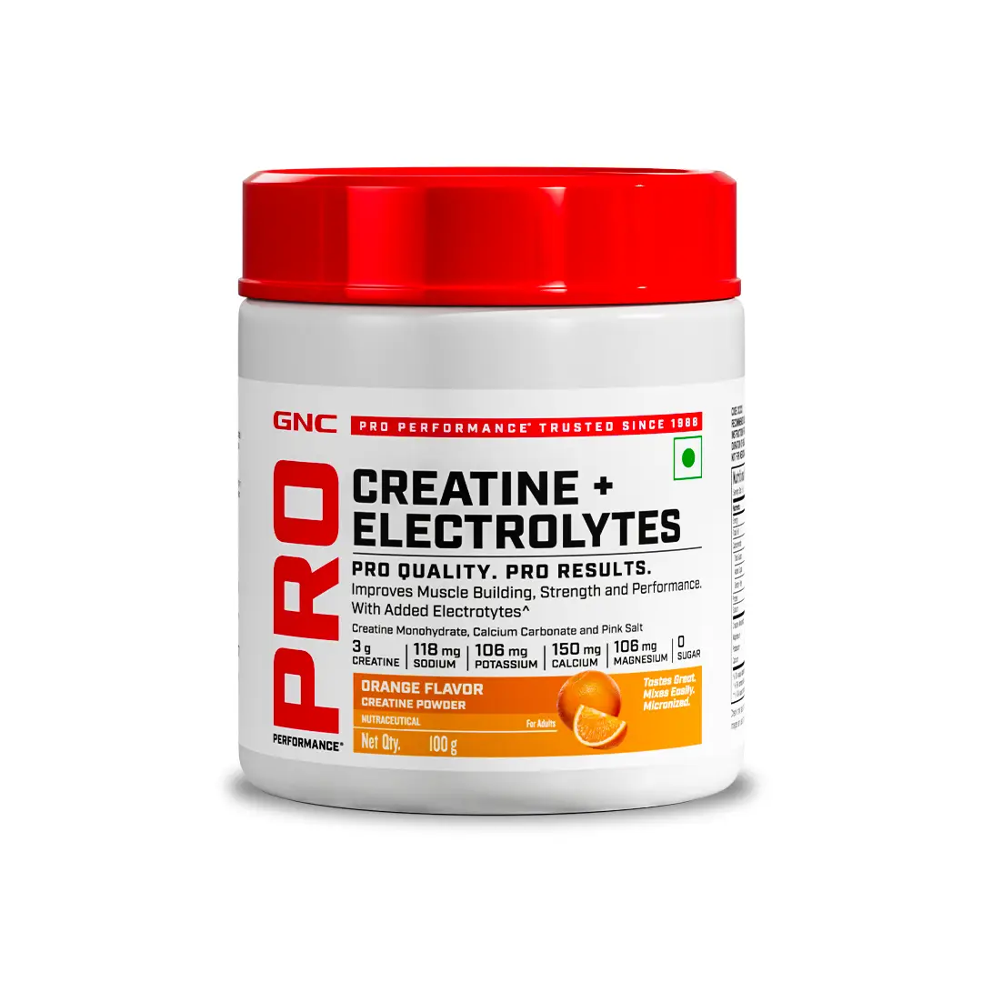 GNC Creatine+ Electrolytes | 3g Creatine Monohydrate + Sodium, Potassium, Calcium, Magnesium | Boosts Muscle Growth, Hydration, Energy & Recovery | Zero Sugar | 100% Veg | 100g | Orange - Orange,100gm