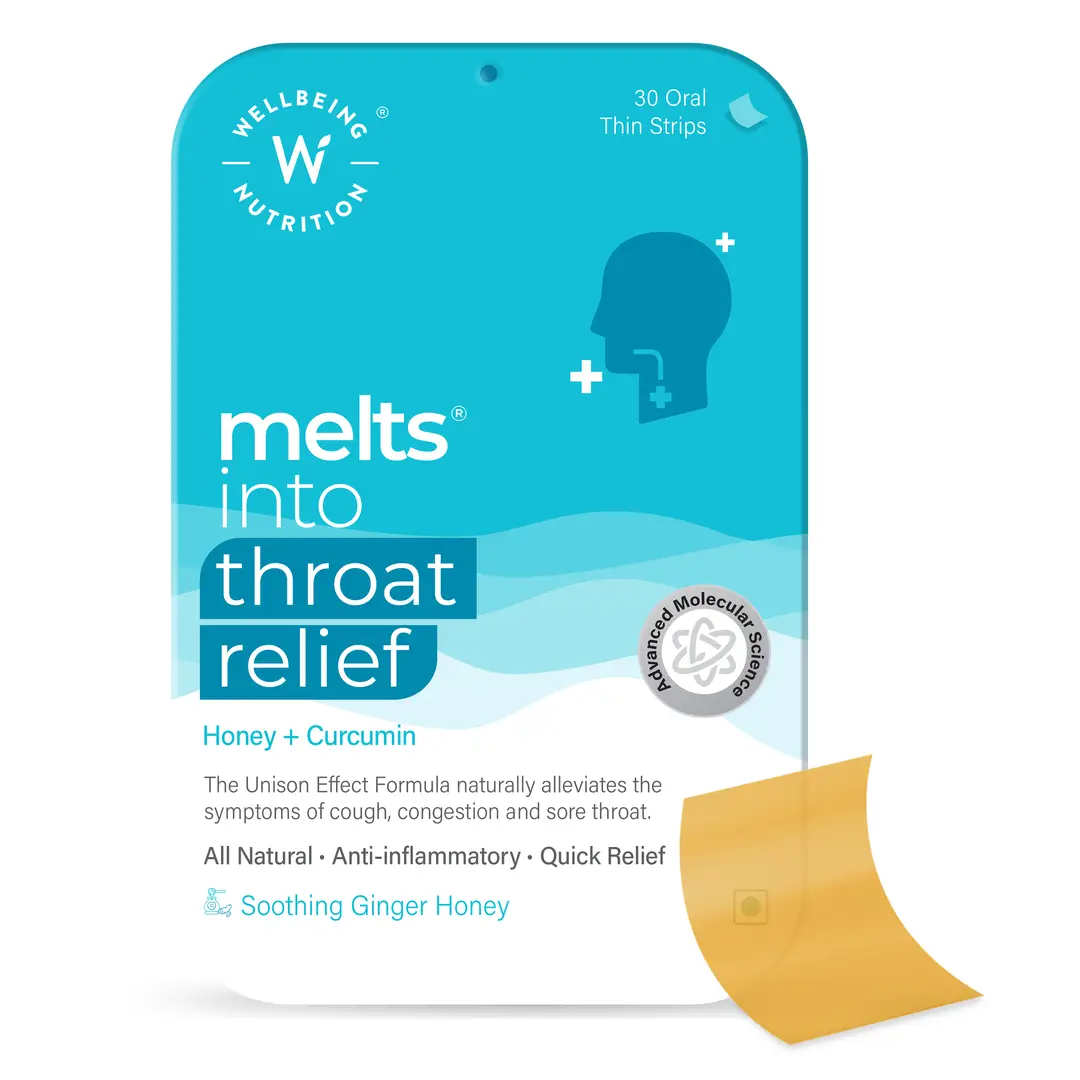 Wellbeing Nutrition - Melts® Throat Relief - with Tulsi, Manuka Honey, Clove, Licorice - for Cough ,Sore Throat Relief, Pain Relief - Pack of 1 (30 Strips)
