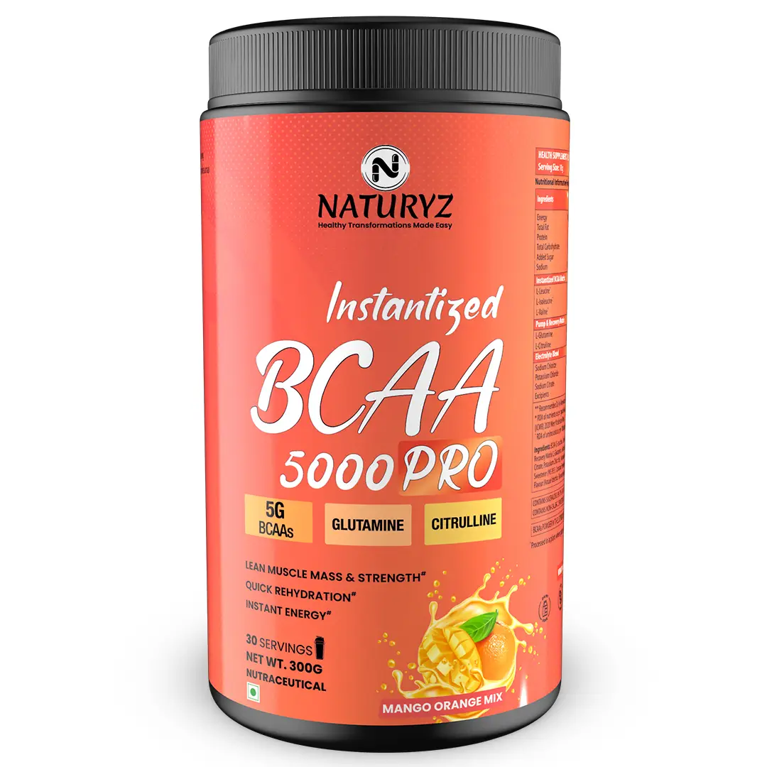 Naturyz Instantized BCAA 5000 PRO with 5G BCAAs Glutamine for Lean Muscle, Energy - Mango+Orange Mix,300 gm