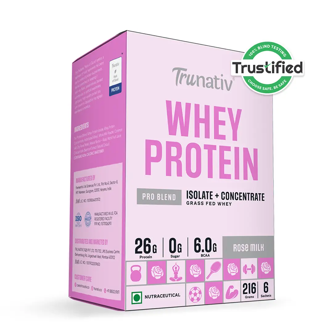 Trunativ Pro Blend Whey Protein with Grass-Fed Isolate & Concentrate for Muscle Recovery and Strength - Rose Milk,6 Sachets