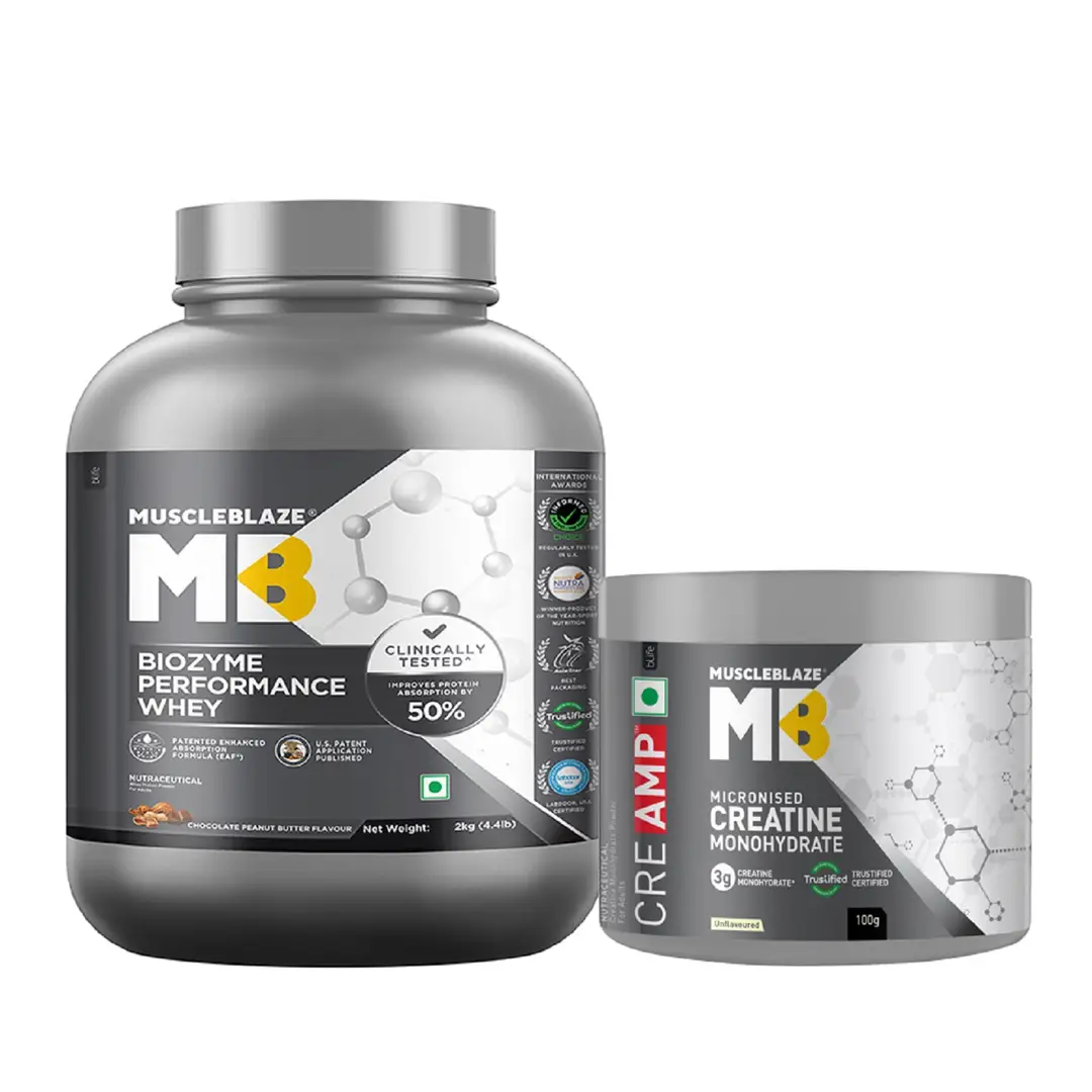 MuscleBlaze Biozyme Performance Whey Protein (Chocolate Peanut Butter,4.4lb) and Creatine Monohydrate CreAMP™ (100g, Unflavoured