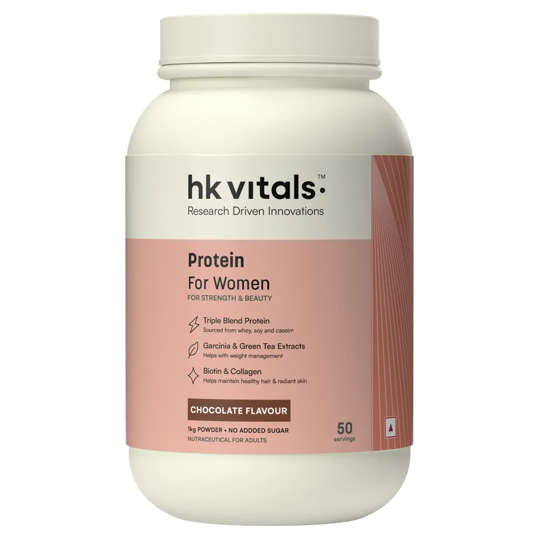 HealthKart - HK Vitals ProteinUp Women, Triple Blend Whey Protein with Collagen & Biotin, for Better Skin, Hair, Strength & Energy - Chocolate (1000 gm)
