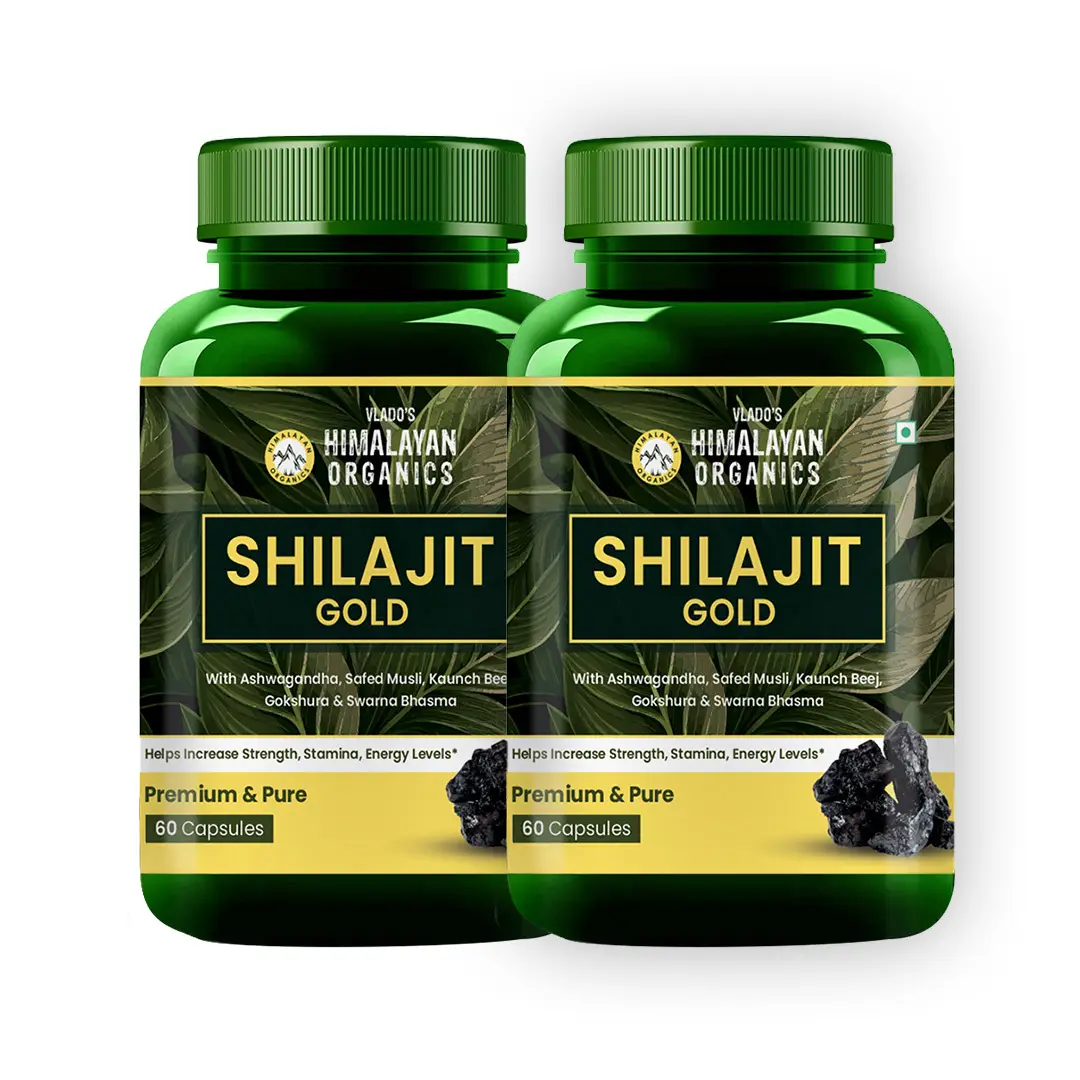 Vlado's Himalayan Organics Pure Shilajit 24 carat Gold with Ashwagandha, Safed Musli for Stamina, Strength and Energy - Pack of 2 (120 Capsules)