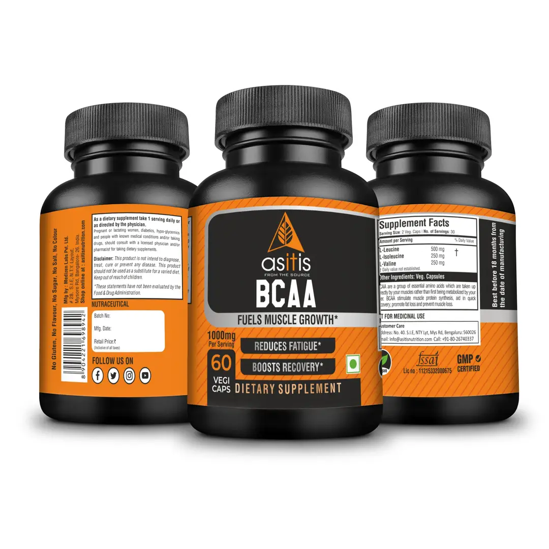 AS-IT-IS BCAA 1000Mg for Reducing Fatigue And Boosts Muscle Growth - Pack of 1 (60 Capsules)
