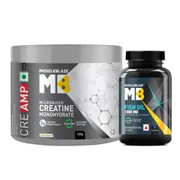 MuscleBlaze Creatine Monohydrate CreAMP™ with CreAbsorb™ (Unflavoured) and Omega 3 Fish Oil Capsules 1000mg 30 Capsules
