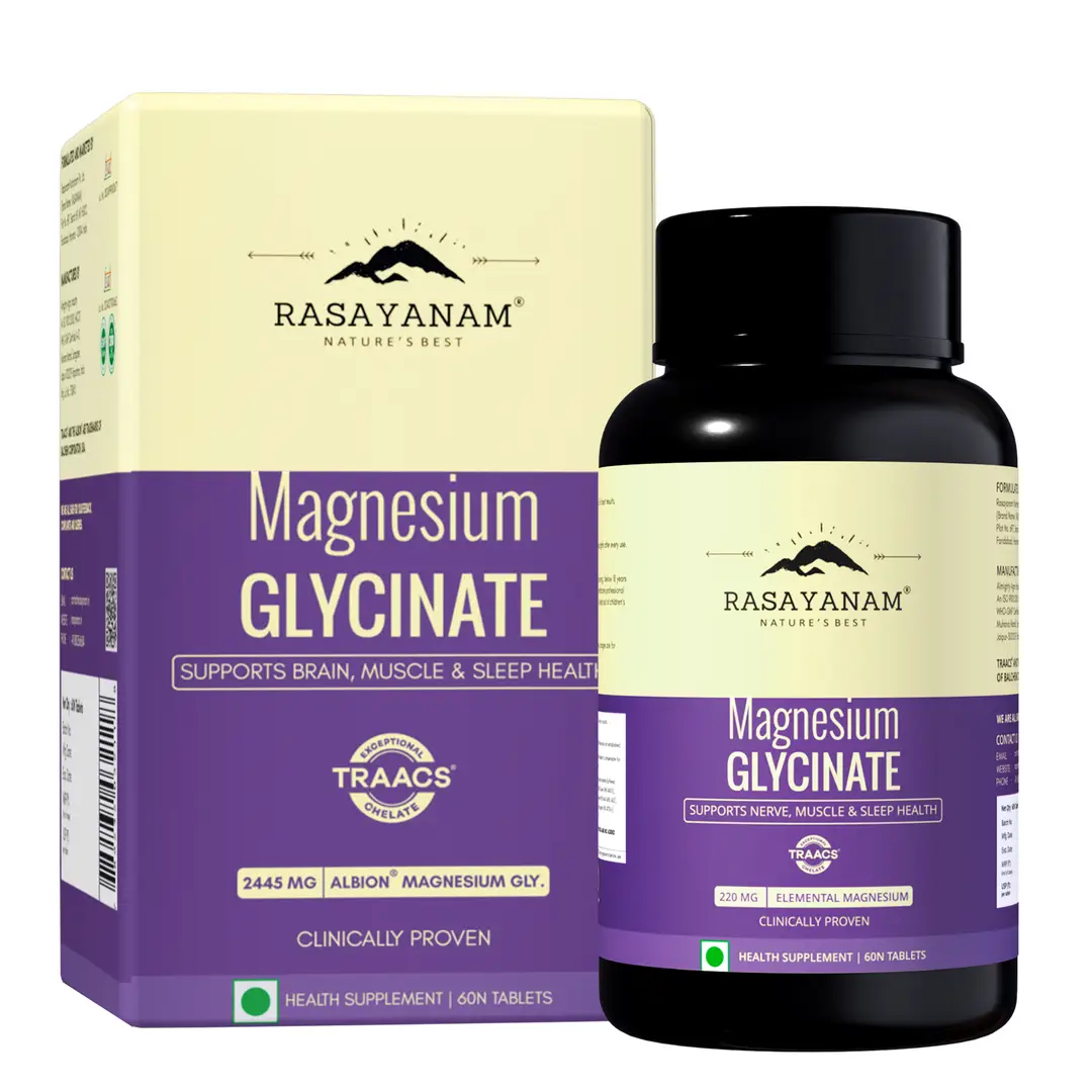 Rasayanam Chelated Magnesium Glycinate (2445 mg) | Supports Sleep, Relaxation & Muscle Recovery - Pack of 1(60 Tablets)