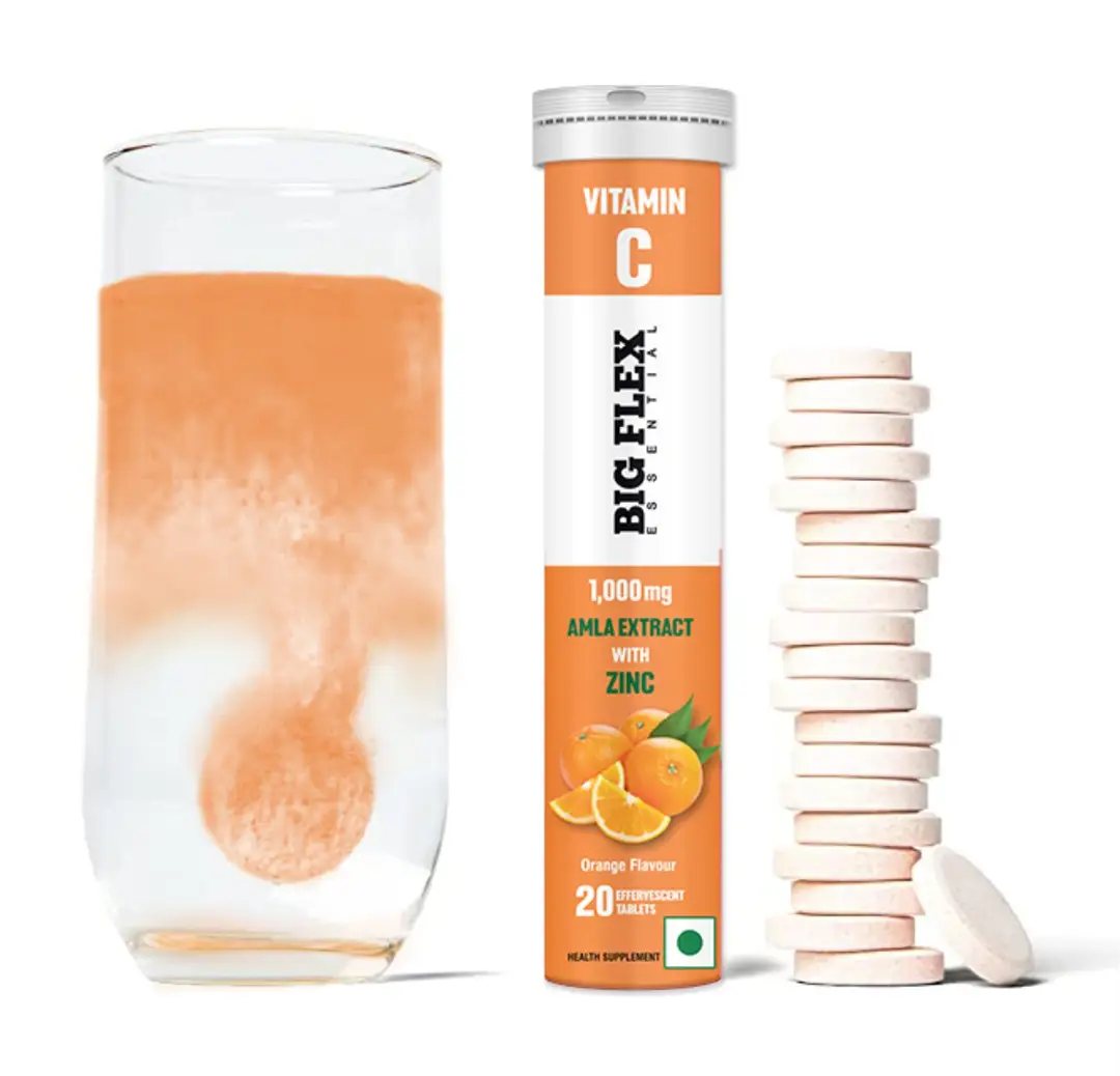 Bigflex Vitamin C with Amla 1000mg and Zinc 10mg for Glowing and Brightening Skin - Orange,20 Effervescent Tablets
