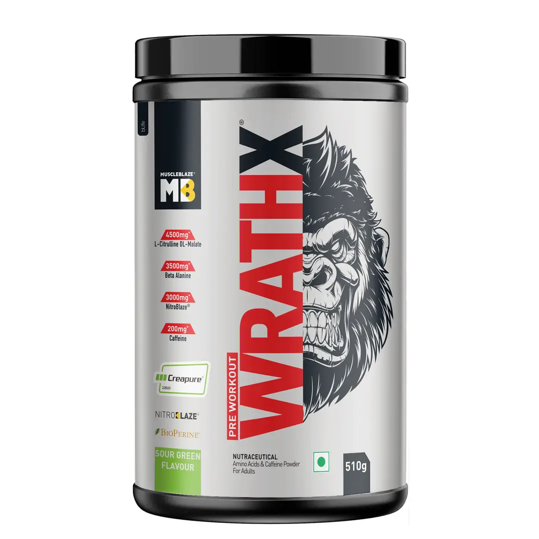MuscleBlaze Pre Workout WrathX with Creapure®️, EnXtra, & BioPerine for Instant Energy - Sour Green,510 gm