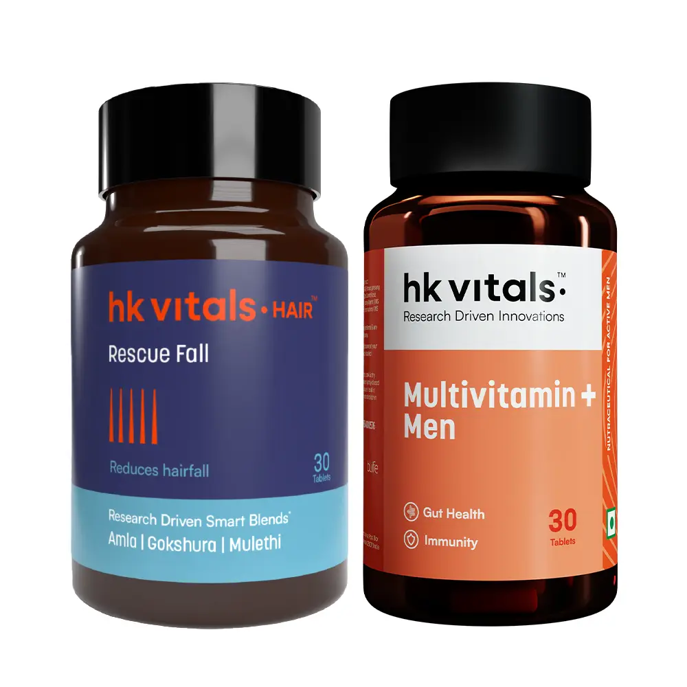 hk vitals Multivitamin Plus Men (30 Tablets) with Hair Rescue Fall, 30 Tablets | Daily Multivitamin for Men | For Energy, Stamina, Immunity, Gut, Heart, Bone & Muscle Health - (Combo Pack)