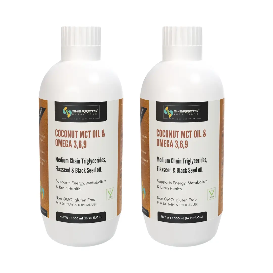 Sharrets Coconut MCT oil with Omega 3 6 9 for Energy Booster and Fat Burner - Pack of 2 (1000 ml)
