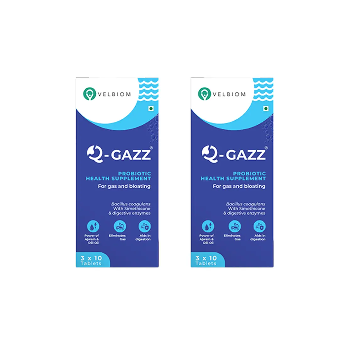 Velbiom Q-Gazz with Digestive enzymes,Probiotics, Ajwain and Saunf for Gas, Bloating and Indigestion - Pack of 2 (60 Tablets)