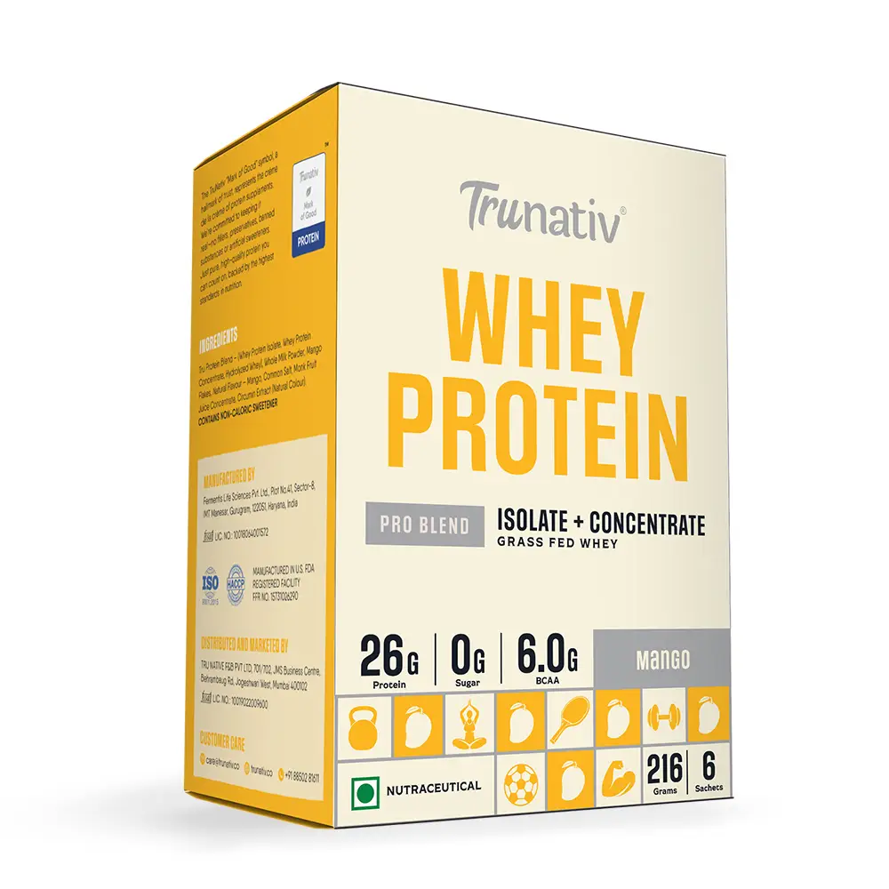 Trunativ Pro Blend Whey Protein with Grass-Fed Isolate & Concentrate for Muscle Recovery and Strength - Mango,6 Sachets