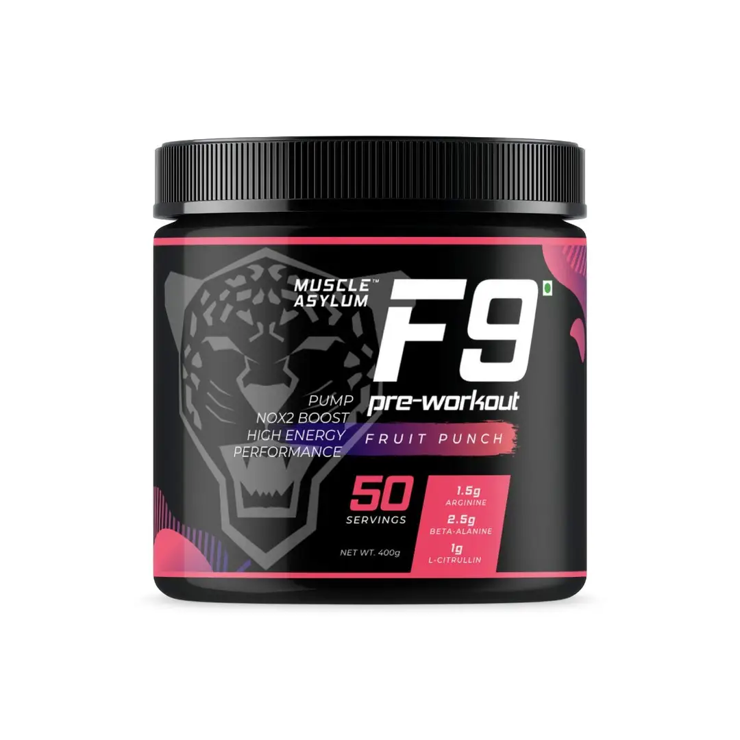 Muscle Asylum F9 Pre-Workout with Arginine, Beta- Alanine for Strength and Endurance - Fruit Punch,400 gm