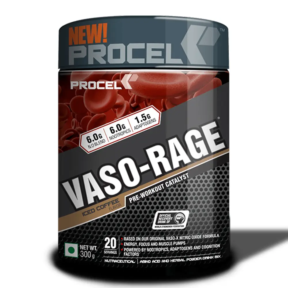 Procel Vaso Rage Extreme Pre Workout Catalystwith Vasodilators and Adaptogens for Strength and Endurance - Iced Coffee (300 gm)