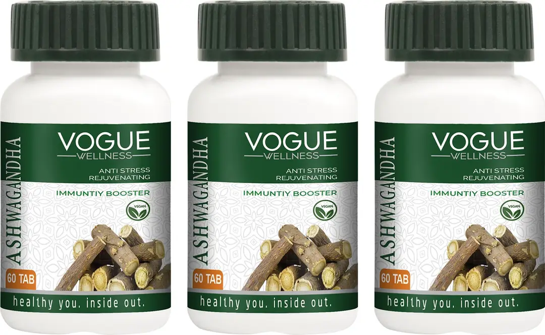 Vogue Wellness Ashwagandha for Anti Stress, Rejuvenates body and Immunity Booster - Pack of 3 (180 Tablets)