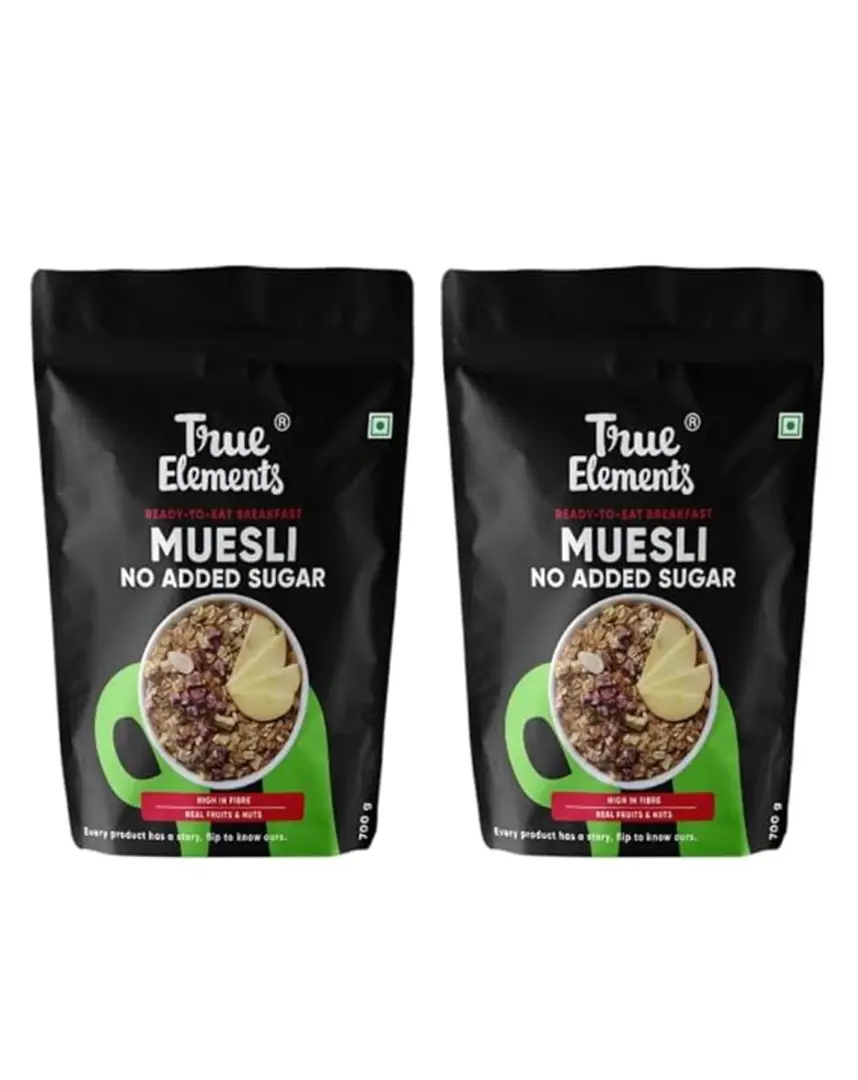 True Elements - No Added Sugar Muesli Jar | Blend of natural rolled oats, wheat flakes,jowarflakes, dried fruits, seeds and nuts - 1400 gm