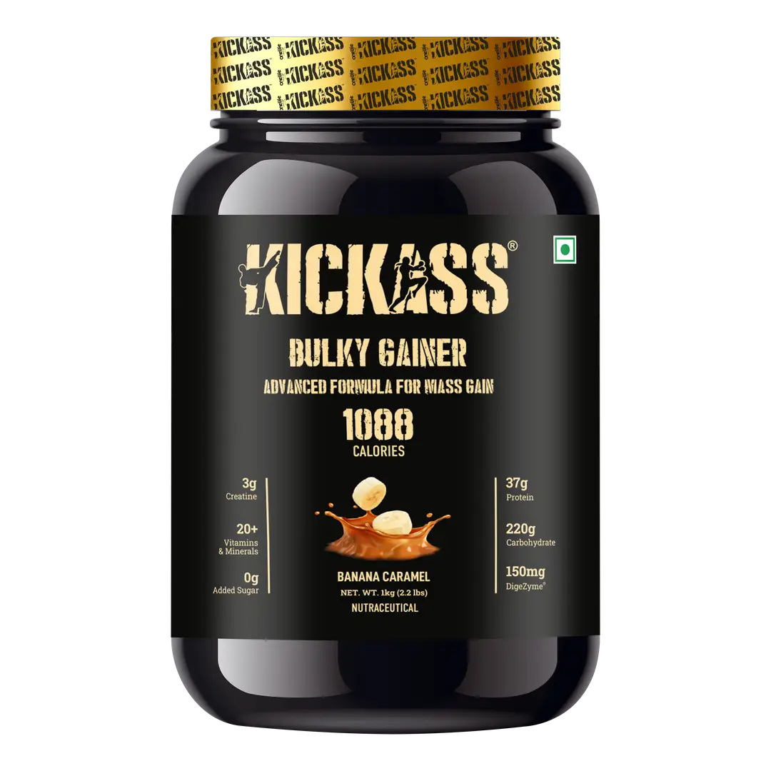 Kickass Bulky Gainer Banana Caramel With Advanced Formula for Mass Gain, 1088 Calories, 37 g protein, Enriched with Vitamins and Digestive Enzymes - 1 Kg