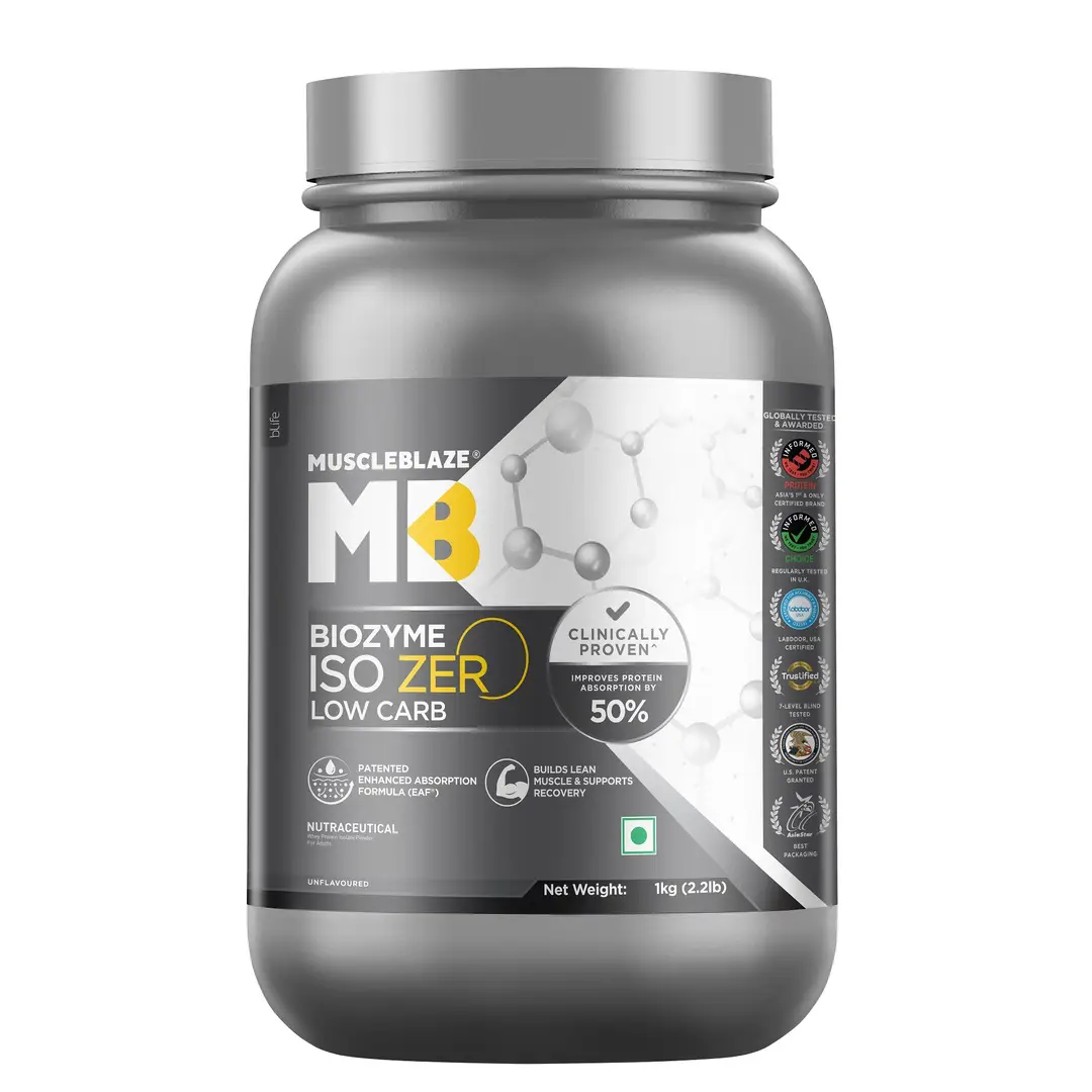 MuscleBlaze Biozyme Iso Zero, Low Carb Whey Protein Isolate with USA Patent for Lean Muscle Mass - Unflavoured,2.2 lb