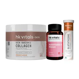 hk vitals Multivitamin Plus Women (30 Tablets) with Glutathione (Orange, 15 Effervescent Tablets) and Skin Radiance Collagen (Orange, 100 gm)