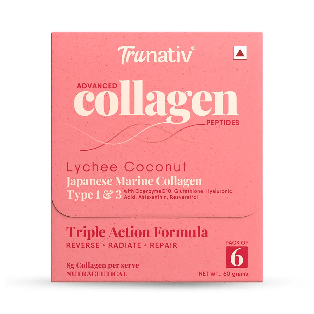 Trunativ Advanced Collagen with Japanese Marine Collagen Type 1 and 3, Vitamin C, Vitamin E, Hyaluronic Acid, Biotin, and Glutathione for Supporting Skin Glow, Hair Growth, and Nail Strength - Lychee Coconut,6 Sachets