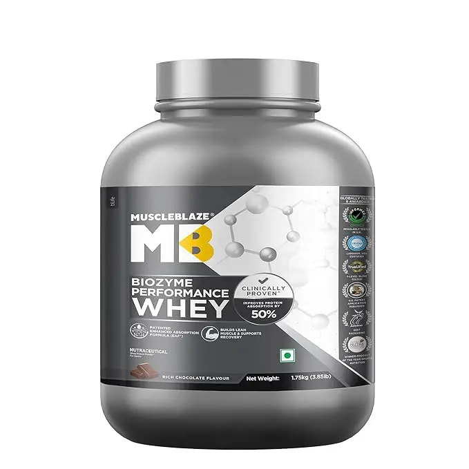 MuscleBlaze Biozyme Performance Whey Protein - with Whey Protein Concentrate, Cocoa Powder for Aiding in Lean Mass Gain - Rich Chocolate,3.86 lb
