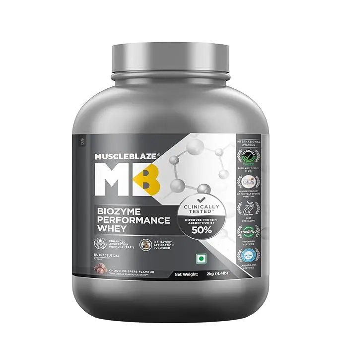 MuscleBlaze Biozyme Performance Whey Protein - with Whey Protein Concentrate, Cocoa Powder for Aiding in Lean Mass Gain - Choco Crispers,4.41 lb