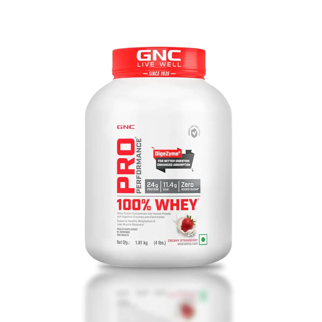 GNC Pro Performance 100% Whey Protein Powder Formulated In USA with 24g Protein, 5.5g BCAA for Strength, Endurance, Builds Lean Muscles and Fastens Muscle Recovery - Creamy Strawberry,4 lb