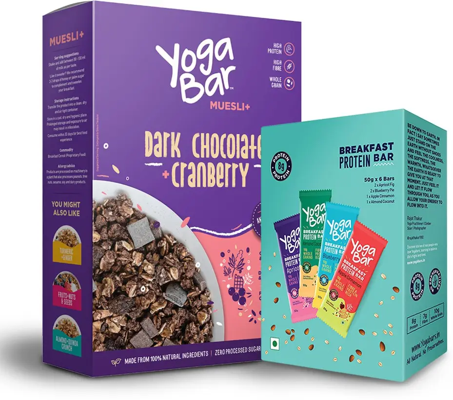 Yogabar - Dark Chocolate Muesli - Breakfast Bar Variety Pack combo - Combo pack (Muesli + & Protein Bar )
