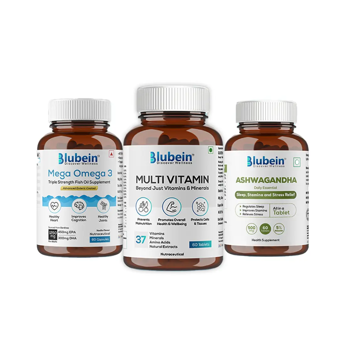 Blubein Total Wellness Trio - Multivitamin with 37 Vital Ingredients 60 Tablets, Mega Omega 3 Fish oil 60 Capsules and Ashwagandha with 5% withanolides 60 Tablets - Combo Pack