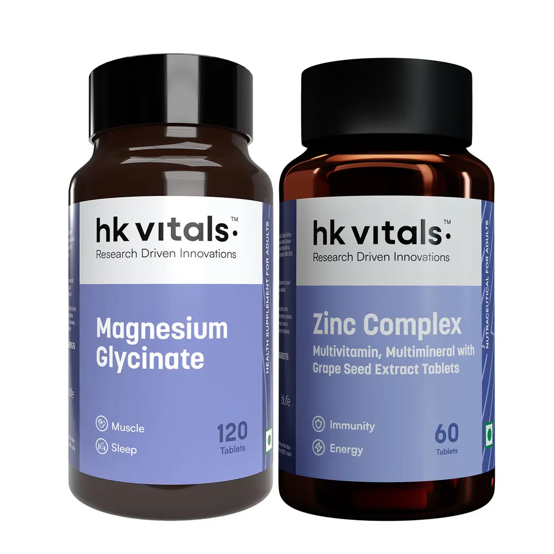 hk vitals Magnesium Glycinate (1682mg) (120 Tablets) and Zinc Supplements (60 Tablets) for Better Sleep Quality and Muscle Recovery - (Combo Pack)