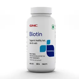 GNC Biotin 10000mcg Tablets | Reduces Hair Fall & Thinning | Promotes Hair Growth | Controls Frizz | Smoothens Hair Texture | Improves Skin & Nails | USA Formulated | 10000mcg Per Serving | 60 Tablets icon
