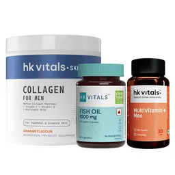 hk vitals Marine Collagen for Men Supplement (Orange, 200g) with Fish Oil (30 Capsules) & Multivitamin Plus Men (30 Tablets) | Vitamin C, E, Sodium Hyaluronate | For Youthful & Glowing Skin