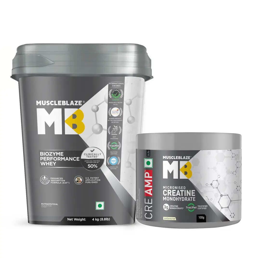 MuscleBlaze Biozyme Performance Whey Protein (Rich Chocolate,8.8lb) and Creatine Monohydrate CreAMP™ (100g, Unflavoured) - Combo