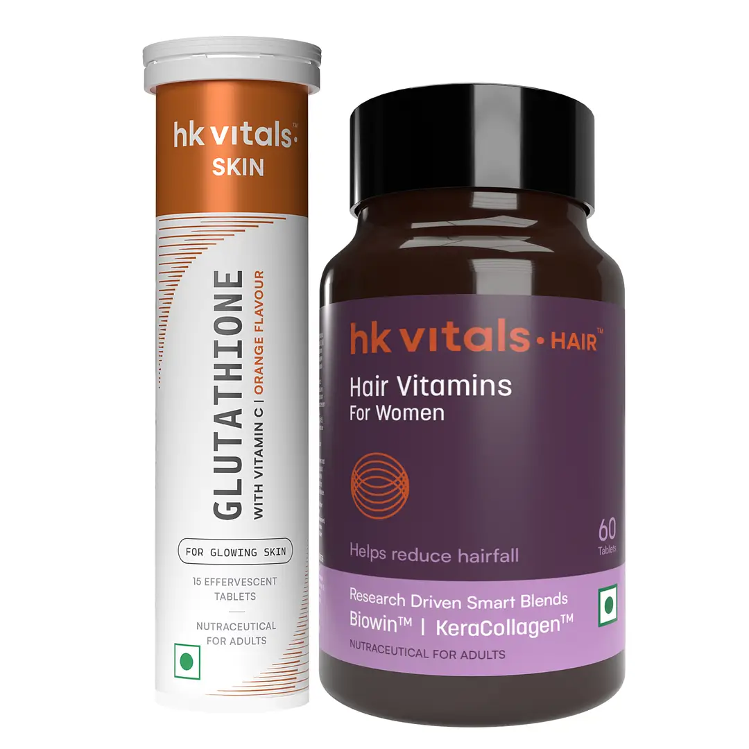 hk vitals Glutathione (Orange, 15 Effervescent Tablets) and Hair Vitamins for Women (60 Tablets) for Skin Glow and Hydration - (Combo Pack)