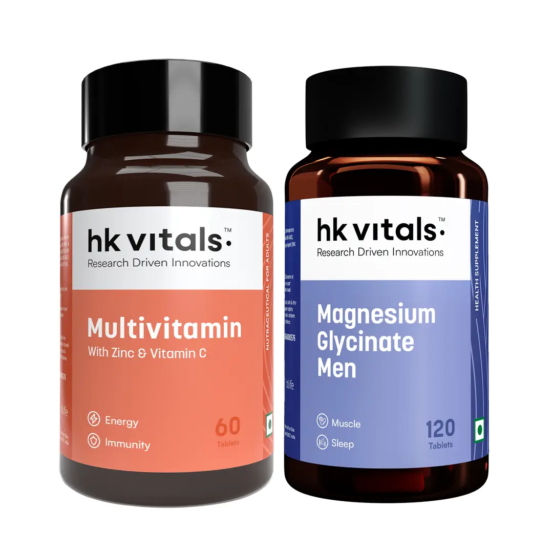 hk vitals Magnesium Glycinate (1682mg) 120 Tablets | For Better Sleep Quality & Muscle Recovery with Multivitamin (60 Tablets) - (Combo Pack)