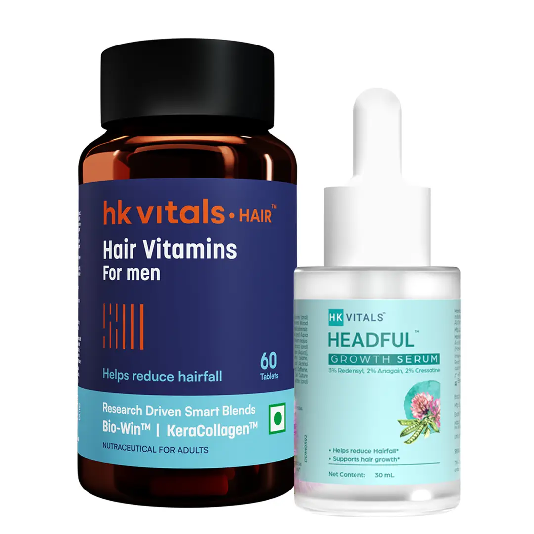 hk vitals Hair Re-Growth Kit| Controls Hairfall & Promotes New Hair Growth | Hair Multivitamin with Biotin (60 Capsules) & Hair Growth Serum with 3% Redensyl (30 ml) | Combo Pack - Combo Pack