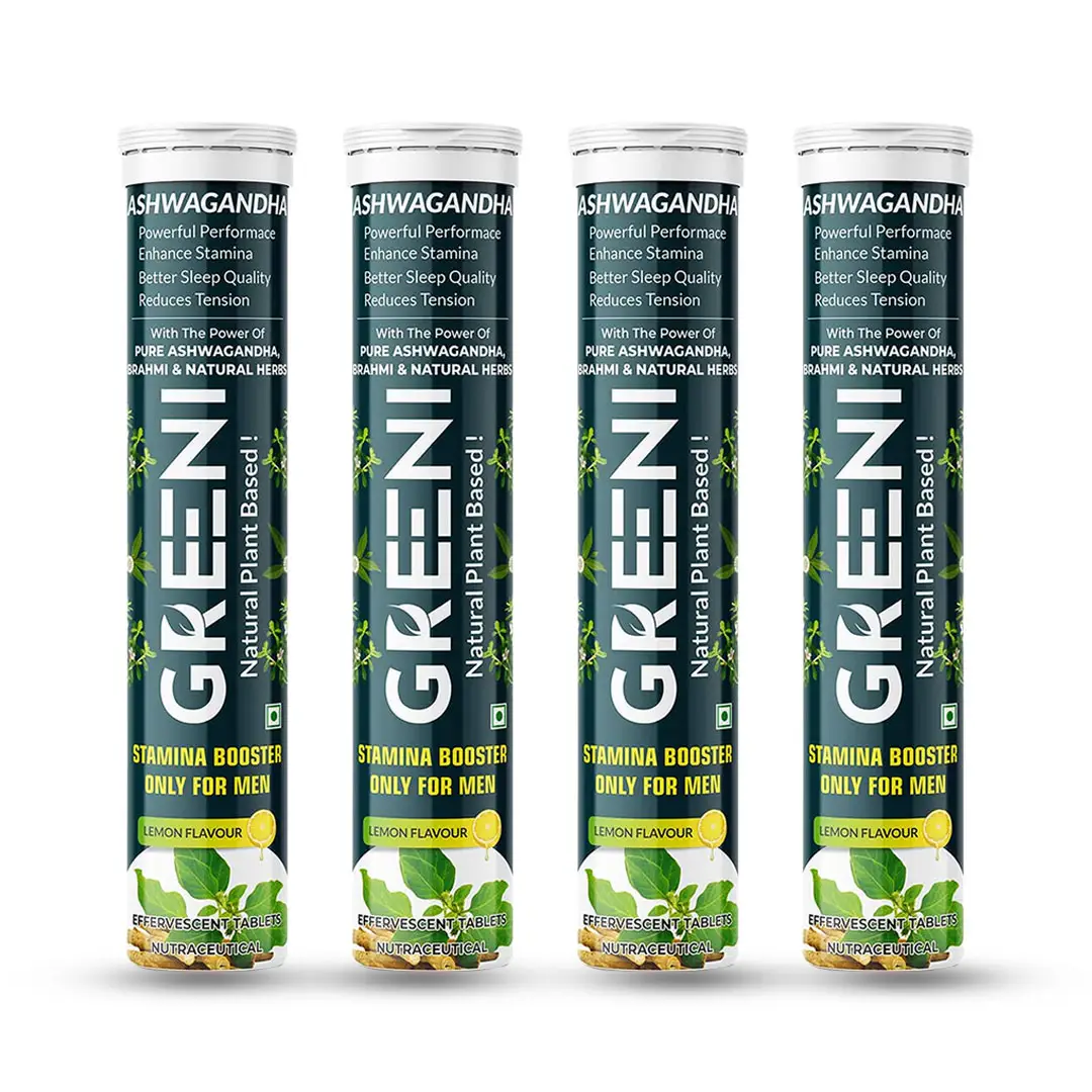 Greeni Ashwagandha with Brahmi for Improving Sleep Quality, And Reducing Tension - Pack of 4 (60 Effervescent Tablets)