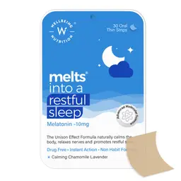 Wellbeing Nutrition - Melts Restful Sleep - Melatonin with Tagara, Passion Flower, L-Theanine, Chamomile Plant-Based - For Natural Sleep cycle, Insomnia Relief and Drug-Free - 30 Oral Strips icon