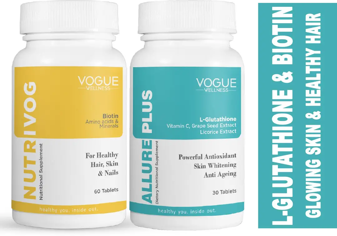 Vogue Wellness Nutrivog Biotin and L Glutathione for Glowing Skin and HairGrowth (Combo) - Nutrivog (60 Tablets) & L Glutathione (30 Tablets)